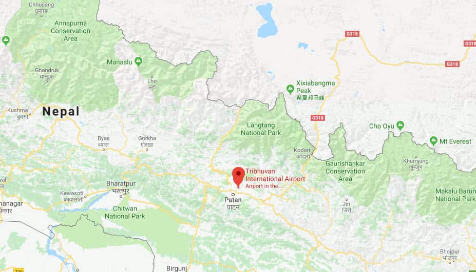 Tribhuvan International Airport marked on map of Nepal