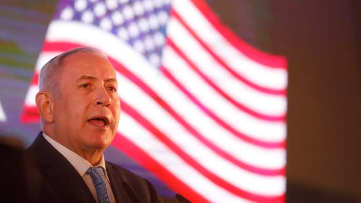 Israeli Prime Minister Benjamin Netanyahu during a reception ceremony for the US delegation ahead of the moving US embassy to Jerusalem.