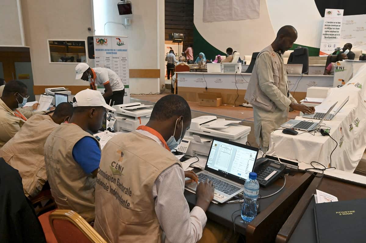 Niger's Independent National Electoral Commission officials compile the results of the presidential and legislative election.