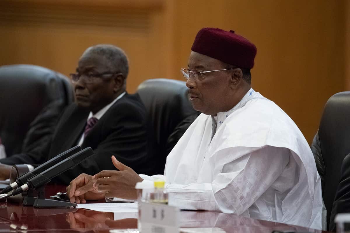 Niger President Mahamadou Issoufou talks during their bilateral meeting at the Great Hall of the People on August 31, 2018 in Beijing, China. 