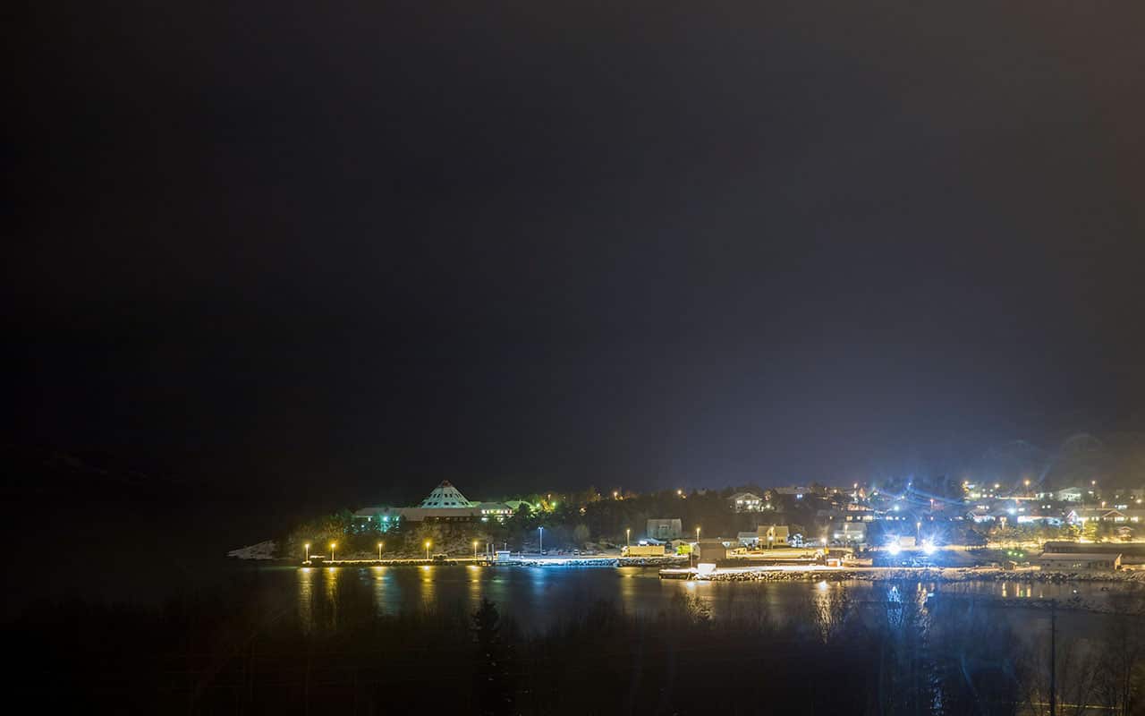 Night view of the village of Drag, Tysfjord, Norway.