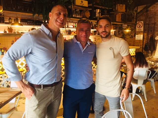 Milos Ninkovic [right] with his former coach Misha Radovic [centre] and Restauranteur Petar Tasic 