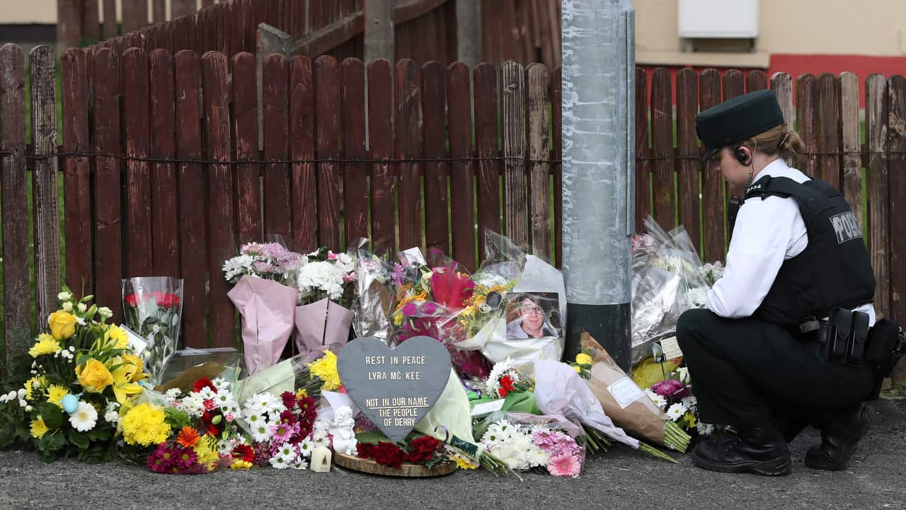 Flowers left at the scene where 29-year-old journalist Lyra McKee was shot.