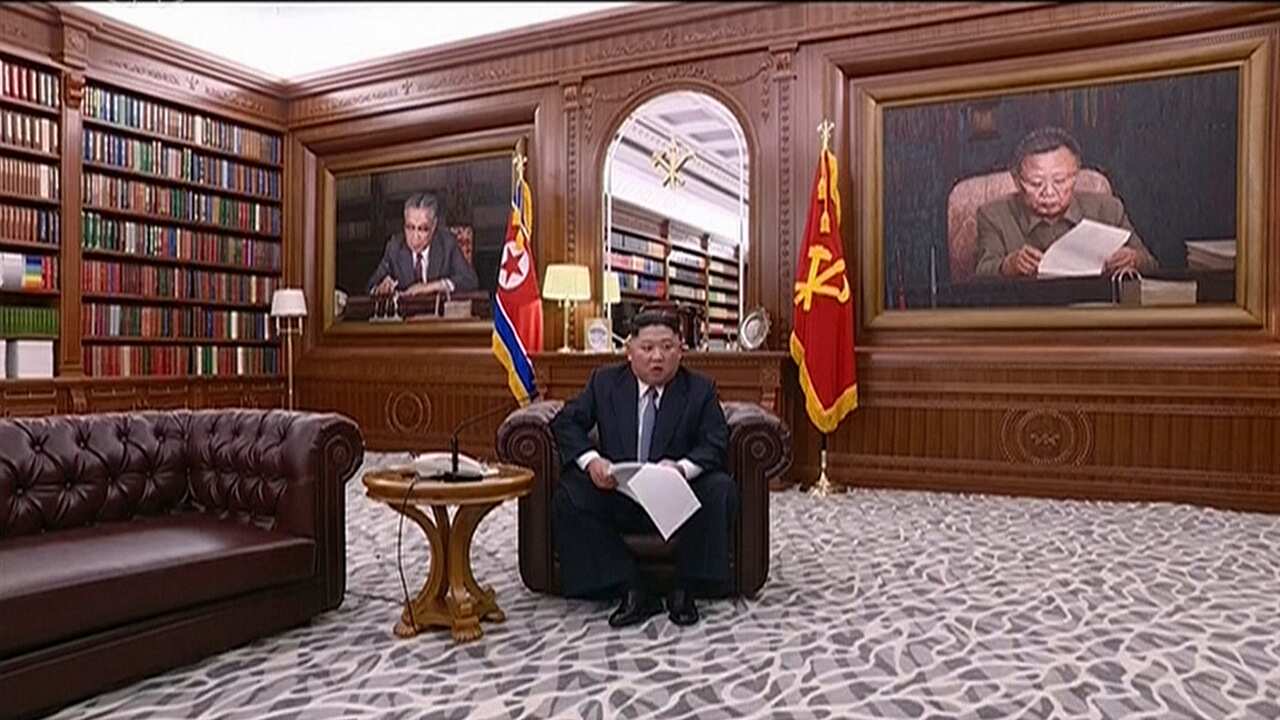North Korean leader Kim Jong Un delivers a speech in North Korea.