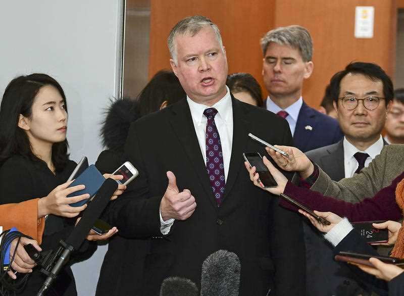 Stephen Biegun, the US special representative for North Korea, speaks to reporters at South Korea's Foreign Ministry.