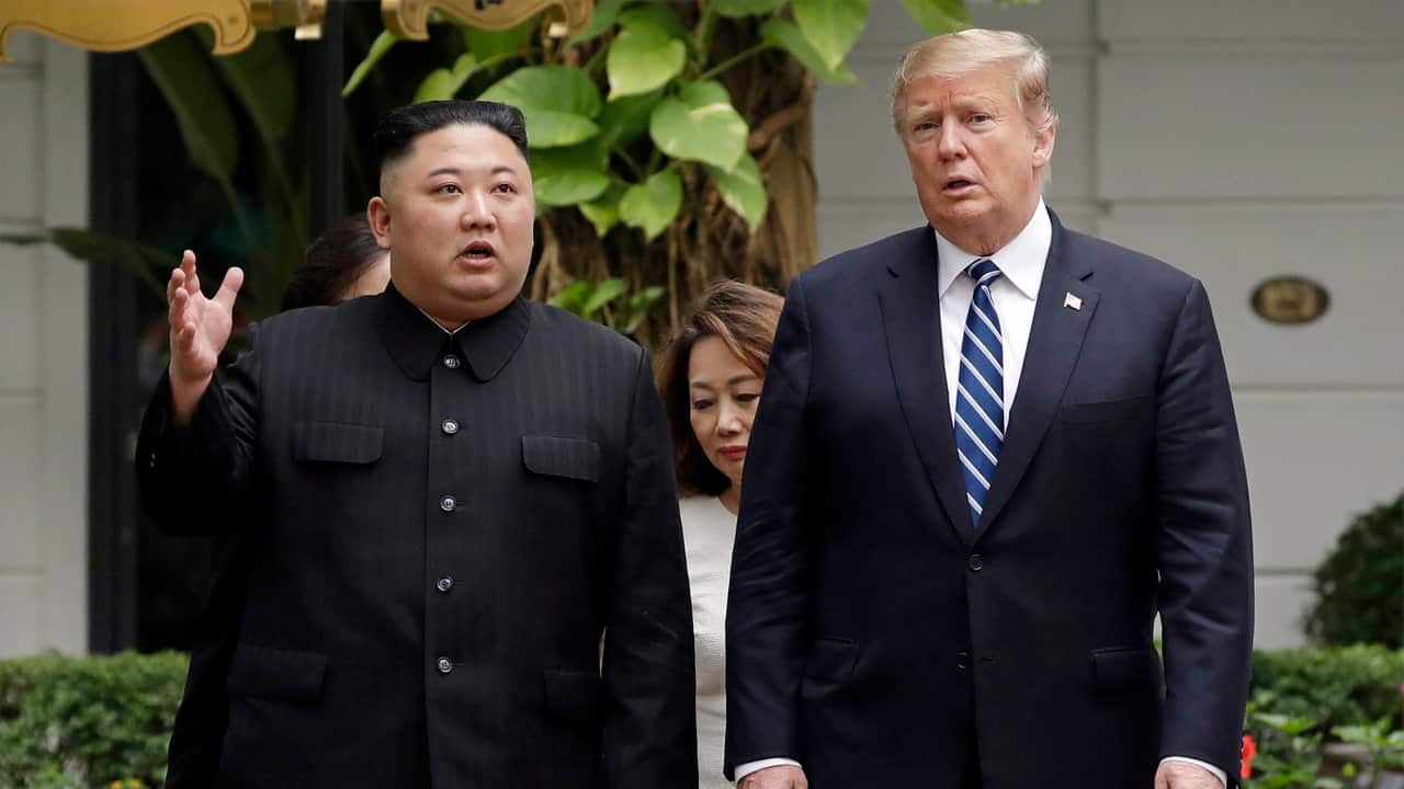 US President Donald Trump and North Korean leader Kim Jong Un in Hanoi on 28 February 2019.