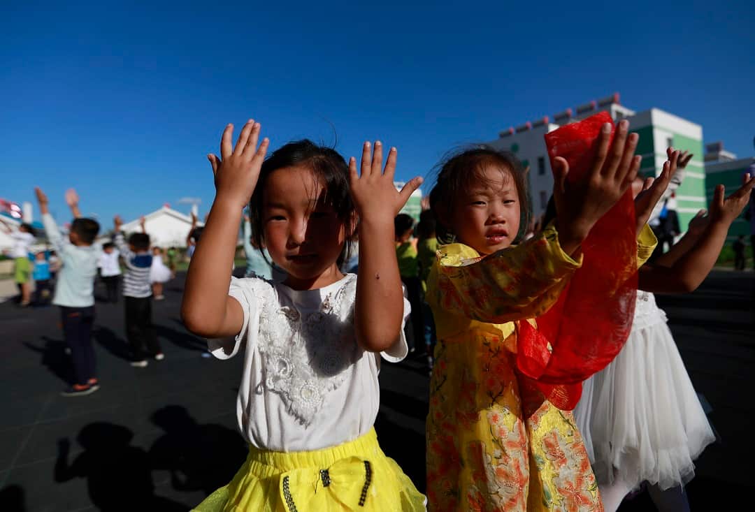 North Korean kindergarten rehearse a dance for the 70th birthday celebrations. 