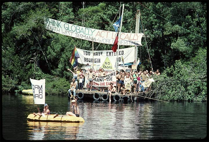 Protesters hold their ground on the Franklin River in February, 1983.