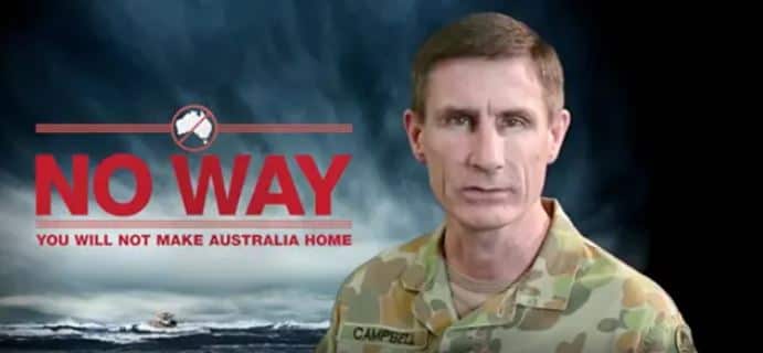 Australian government ads deterring asylum seekers, featuring Angus Campbell.
