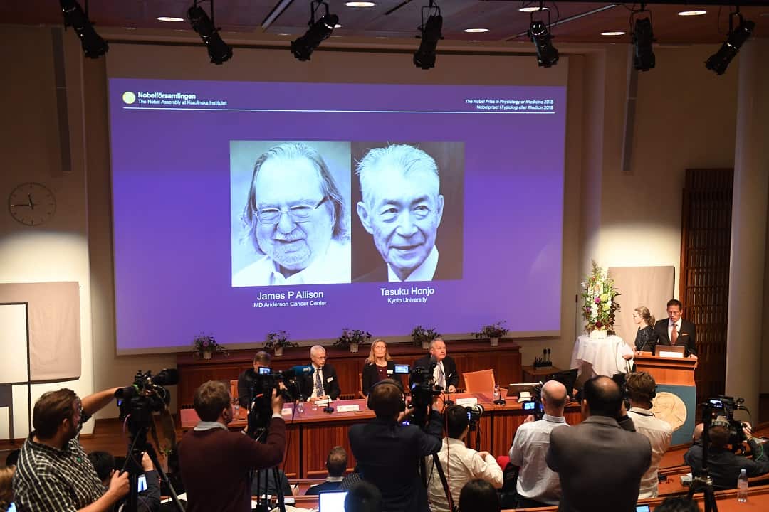The press conference at the Karolinska Institute in Stockholm, Sweden, where the recipients were announced.