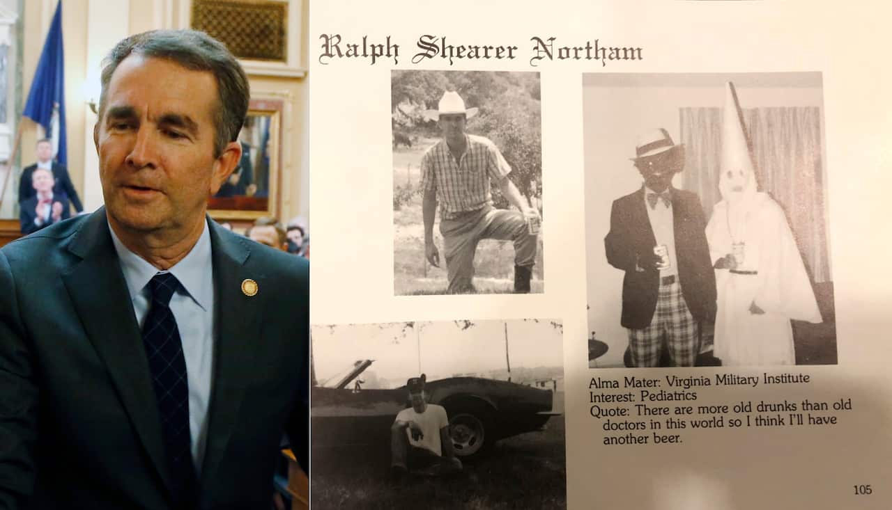 Combo: Image showing Virginia Gov. Ralph Northam's page in his 1984 Eastern Virginia Medical School yearbook (R).