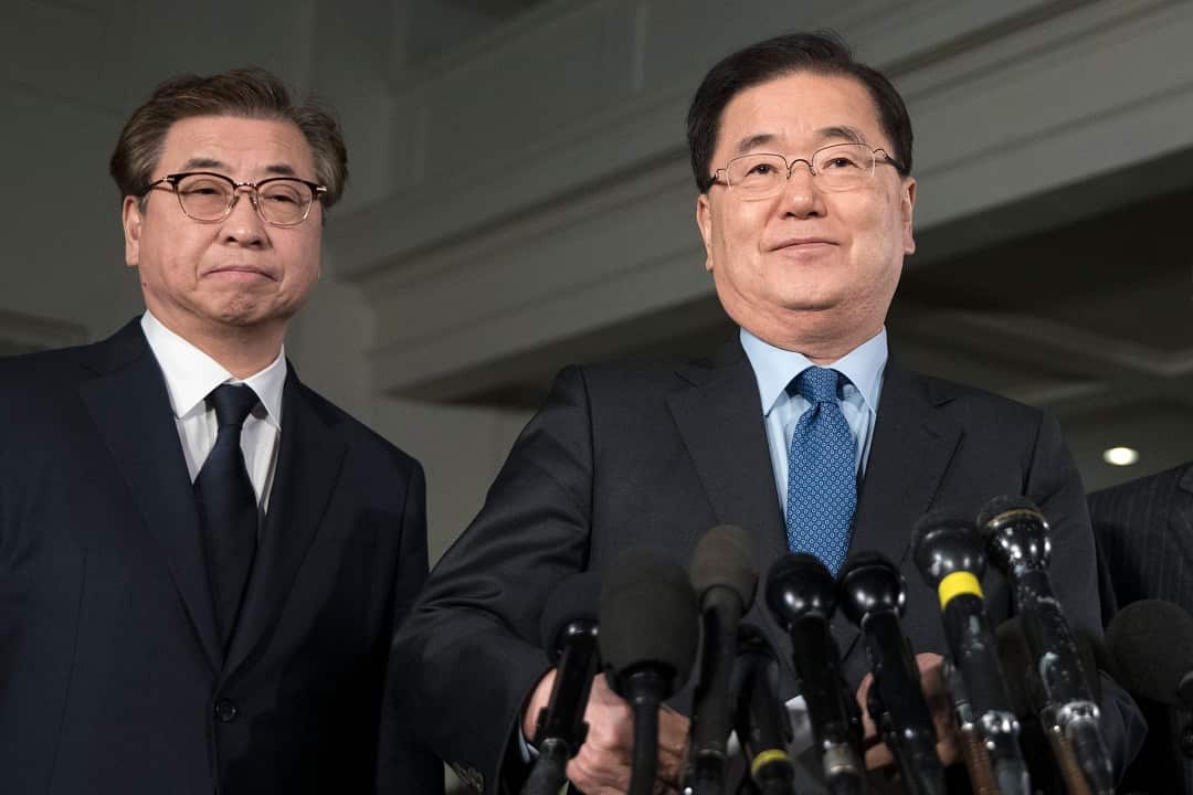 South Korean National Security Director Chung Eui-yong makes a statement regarding his 07 March meeting with North Korean leader Kim Jong-un.