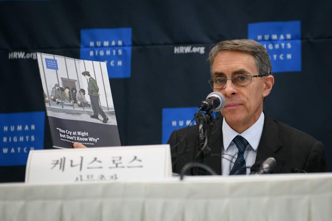 Human Rights Watch executive director Kenneth Roth releasing the report into sexual abuse against women in North Korea. 