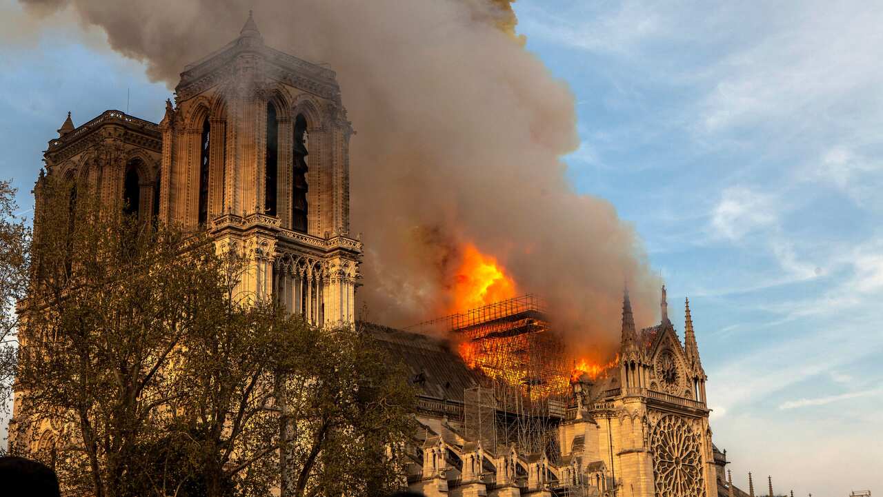 Notre Dame cathedral burning in Paris in April, 2019. 