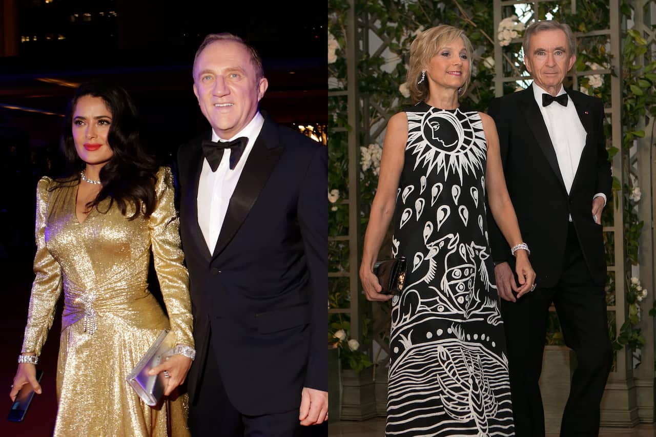 Left: François-Henri Pinault, France’s second-richest man, with his wife, Salma Hayek. Right: Bernard Arnault, France's wealthiest man, and his wife, Helene.