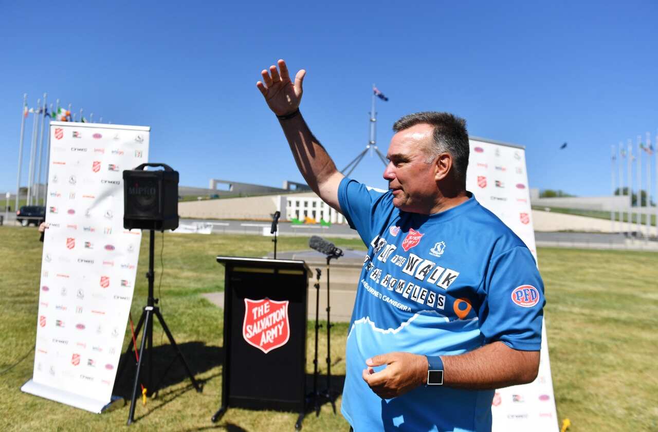 File image of Salvation Army leader Brendan Nottle finishing his walk from Melbourne to Canberra at Parliament House (AAP)