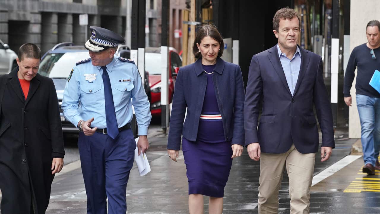 NSW Premier Gladys Berejiklian with NSW Police Commissioner Mick Fuller and Attorney General Mark Speakman.