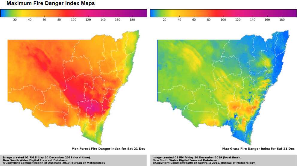 Fire danger map for New South Wales, forecasting conditions for Saturday.