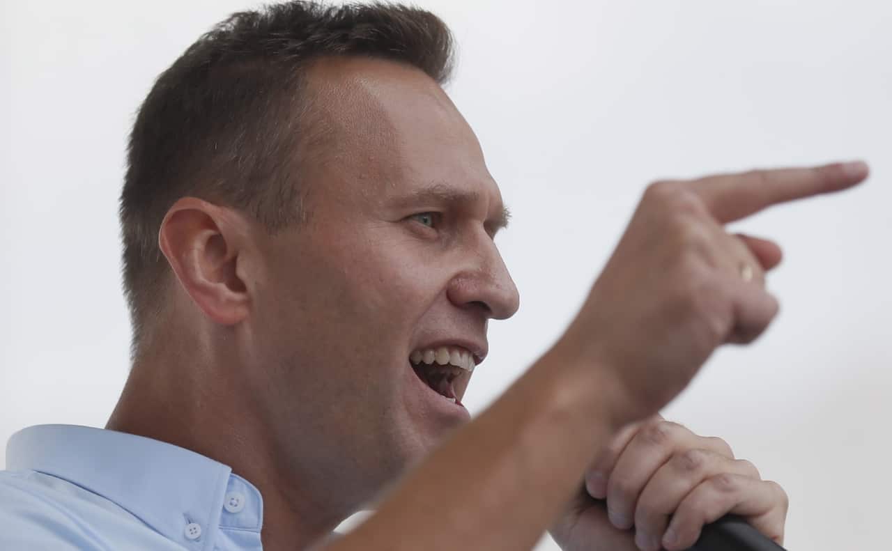 Russian Opposition activist Alexei Navalny speaks during a rally in support of opposition candidates in the Moscow City Duma elections