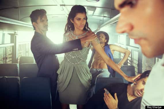 Indian photographer Raj Shetye has sparked outrage with a fashion shoot that depicts a woman being harassed on a bus by a group of men, echoing a fatal gang-rape that shocked the nation. (Image: Raj Shetye)