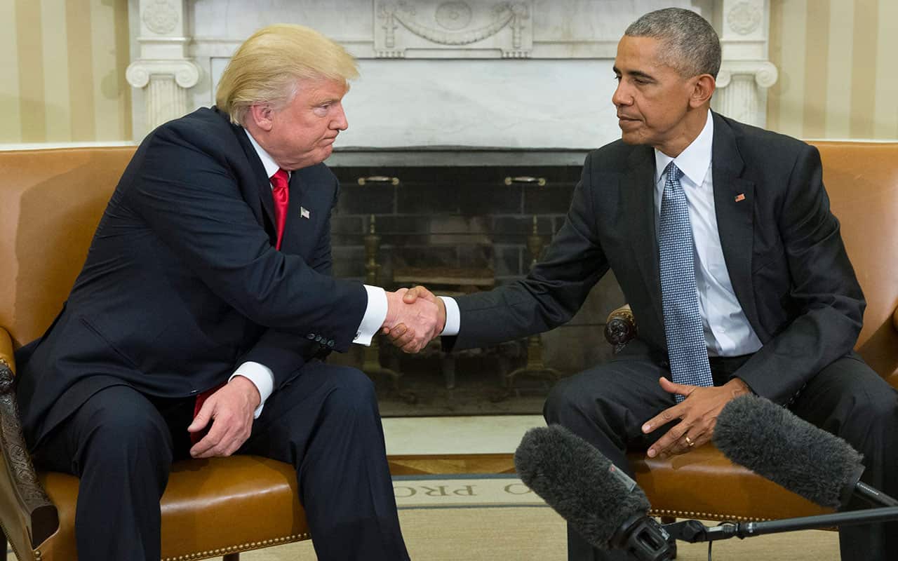 Former US president Barack Obama with now president Donald Trump. Obama was criticised for not taking a stance on gun control after the Sandy Hook massacre. 