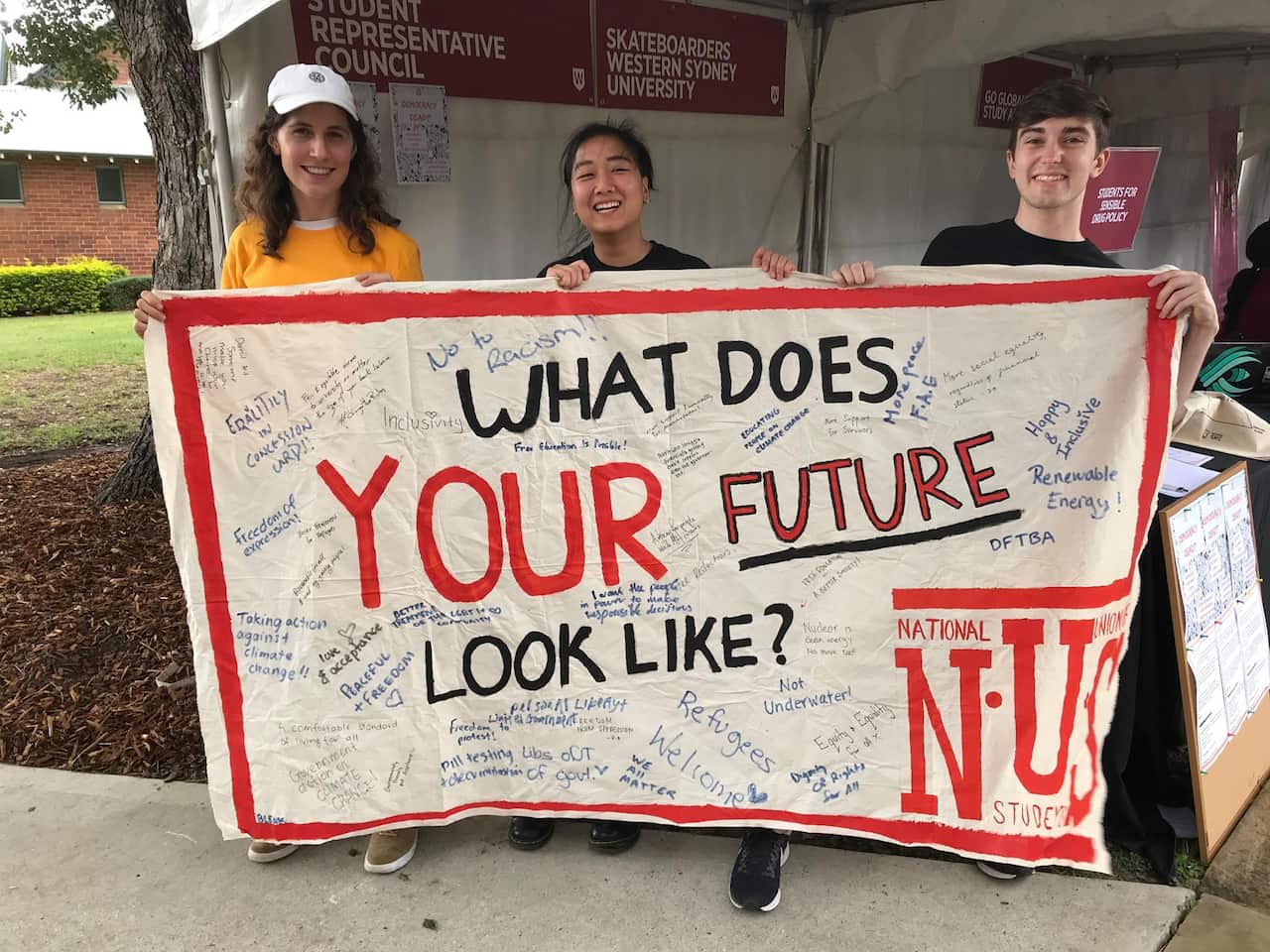 L-R Student union members Naomi Hastings, Desiree Cai and Lachlan Barker.