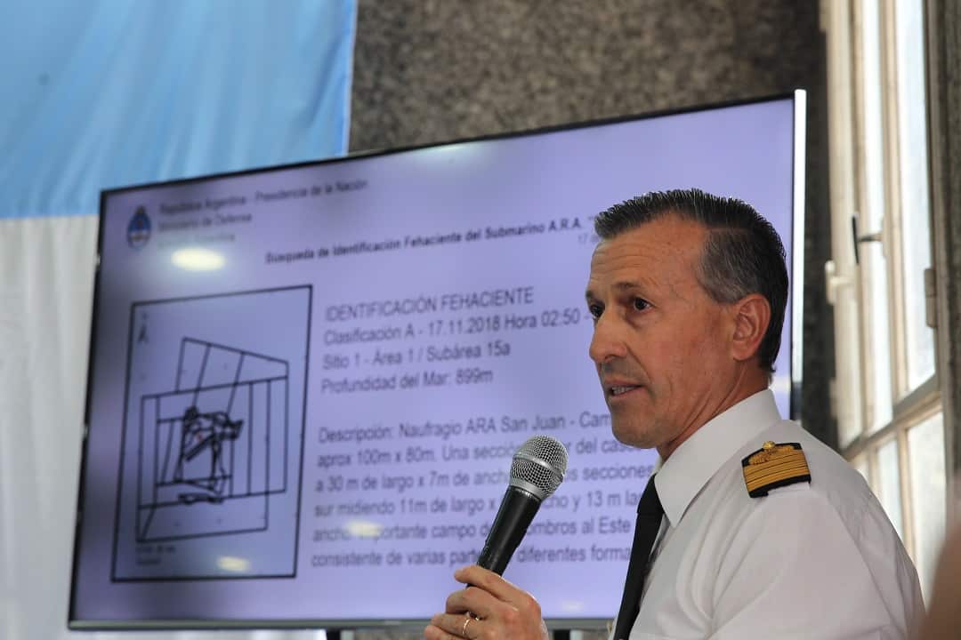 Former spokesman of the Navy, Enrique Balbi, gives details of the state of the remains of the submarine Ara San Juan during a press conference.