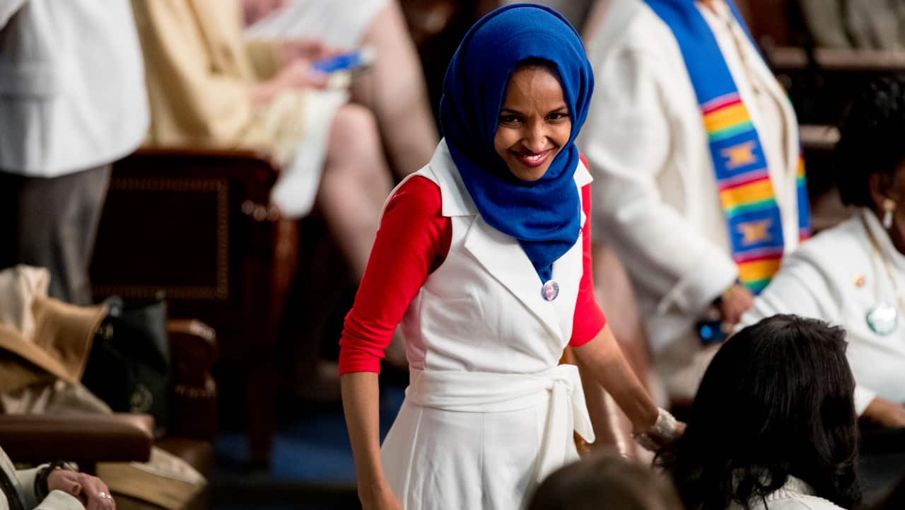 New Democratic congresswoman Ilhan Omar arrives before President Donald Trump delivers his State of the Union address.