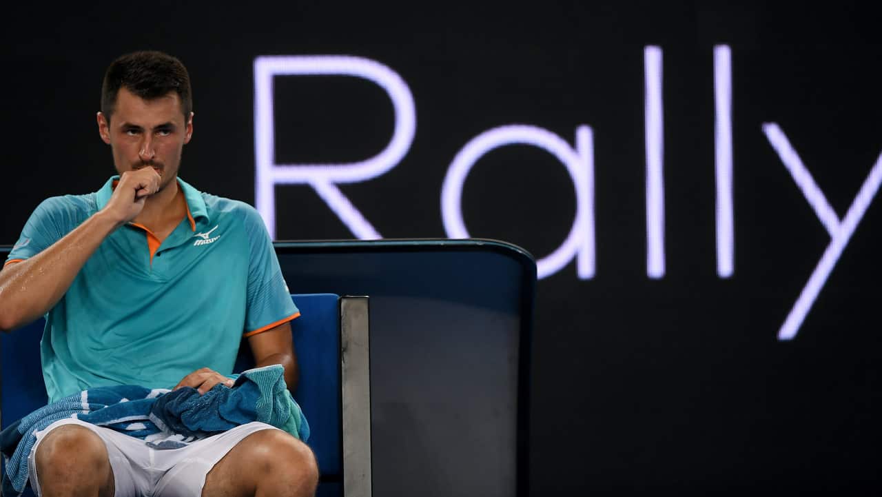 Bernard Tomic during his match against Marin Cilic of Croatia during day one of the Australian Open tennis tournament in Melbourne.