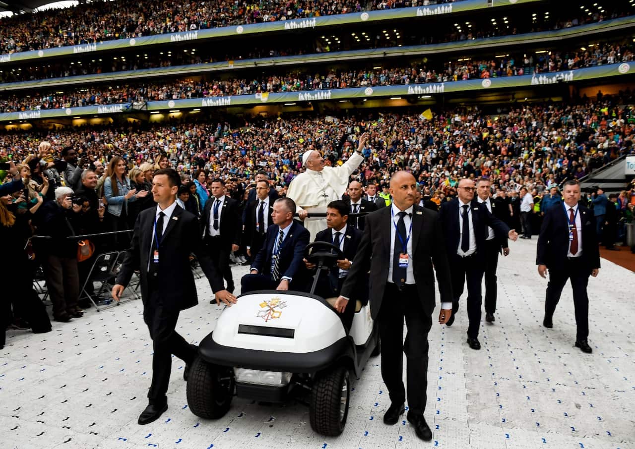 Dublin , Ireland - 25 August 2018; Pope Francis arrives during The Festival of Families at Croke Park in Dublin.
