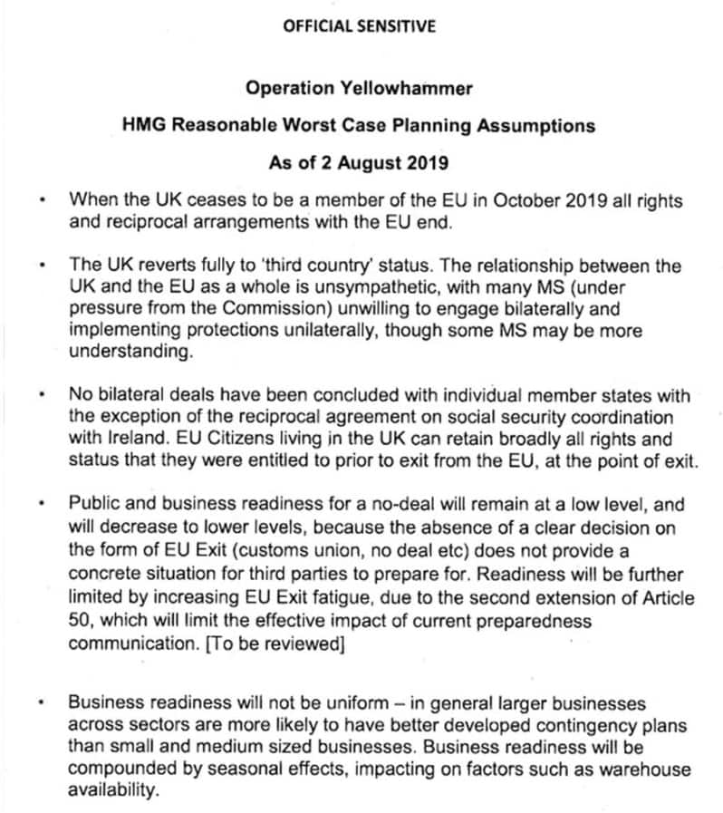 Operation Yellowhammer details the British government's 'worst case planning assumptions.'