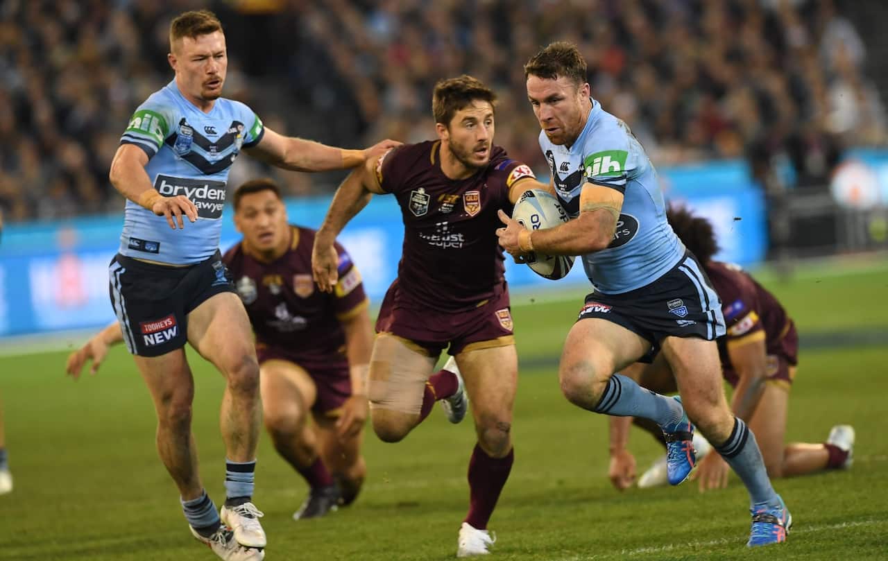 James Maloney of the Blues (right) is seen in action during Game 1 of the 2018 State of Origin series at the MCG 