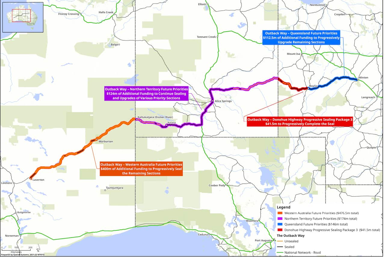 A map of the Outback Way showing the breakdown of the funding announcement. 