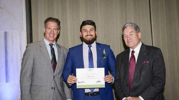 Abbas Nazari (centre), with United States Ambassador Scott Brown (left) and Winston Peters, Deputy Prime Minister and Minister of Foreign Affairs.