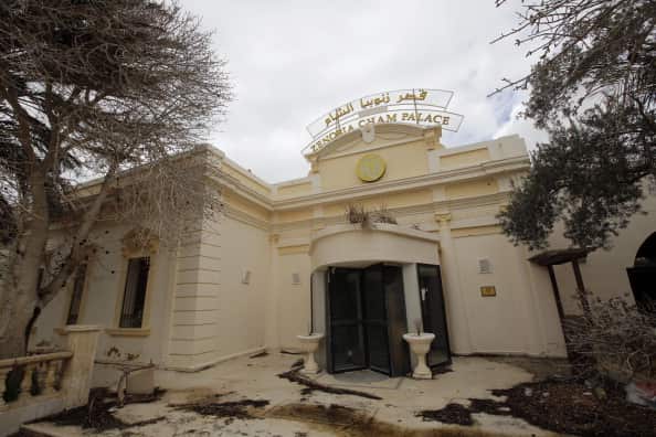 The damaged entrance to the Sham Zenobia Palace Hotel which is situated opposite the ruins of Palmyra. (Getty Images)