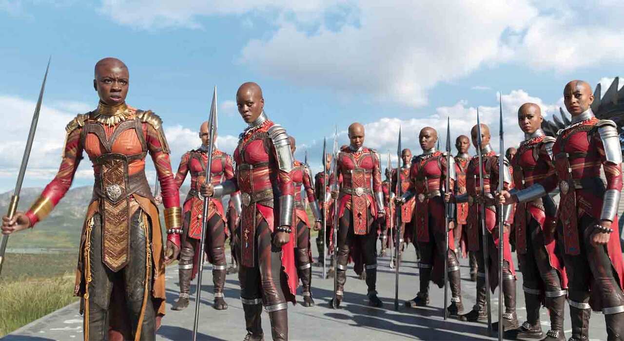 Okoye (Danai Gurira) and Ayo (Florence Kasumba) with the Dora Milaje. ©Marvel Studios 2018