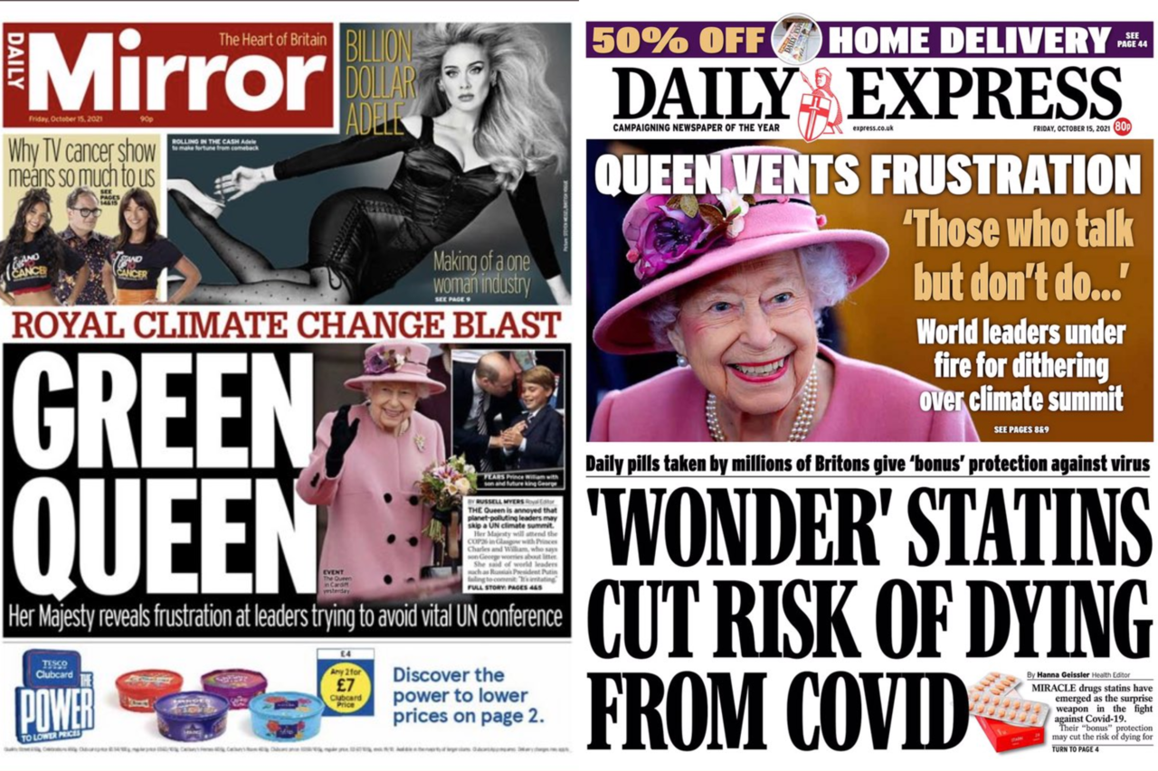 Front page coverage of the Queen's remarks in the British Press.