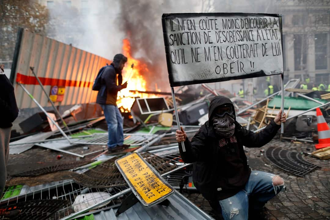 Yellow vests (Gilets jaunes) protestors are angry about rising fuel prices and cost of living. 