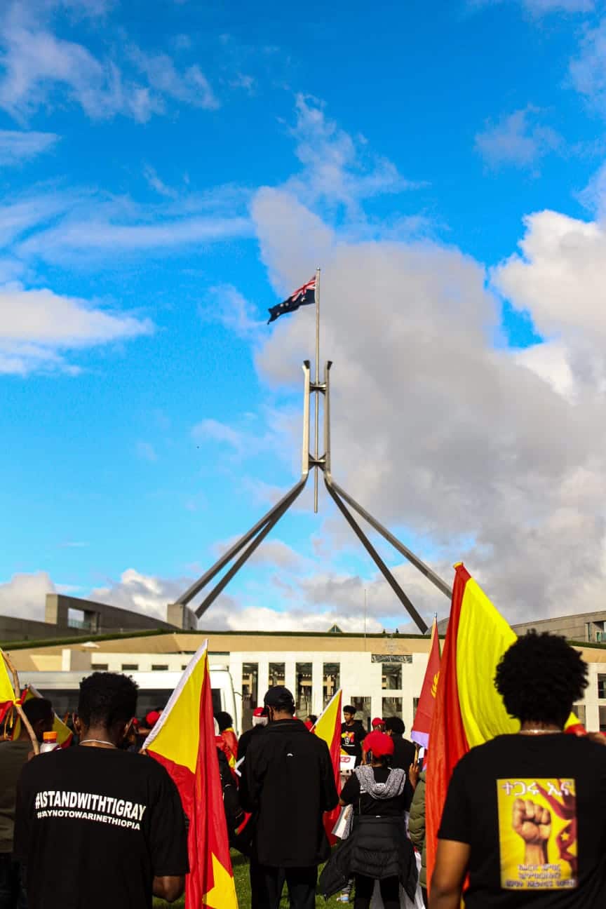 Members of Australia's Tigrayan community protesting in Canberra on 25 March, 2021.