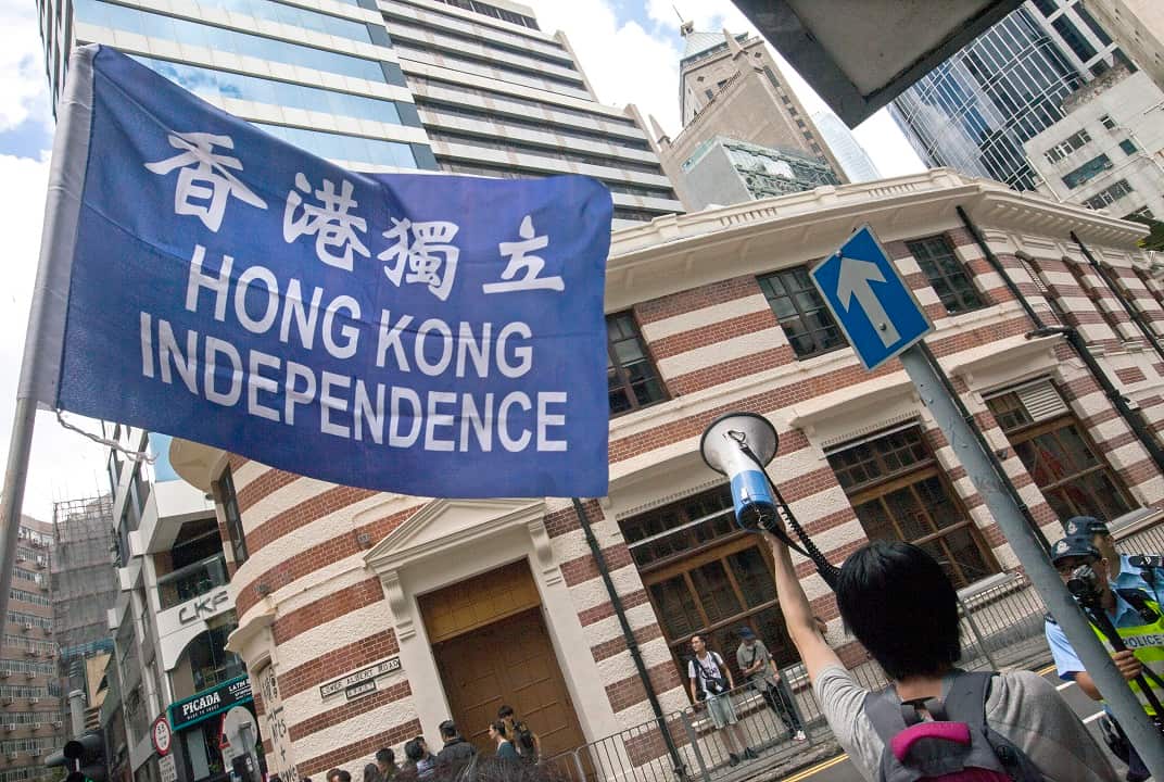 Pro-Hong Kong independence supporters outside the Hong Kong Foreign Correspondents' Club.