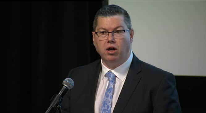Labor frontbencher Pat Conroy delivers his speech at the Australian National University.