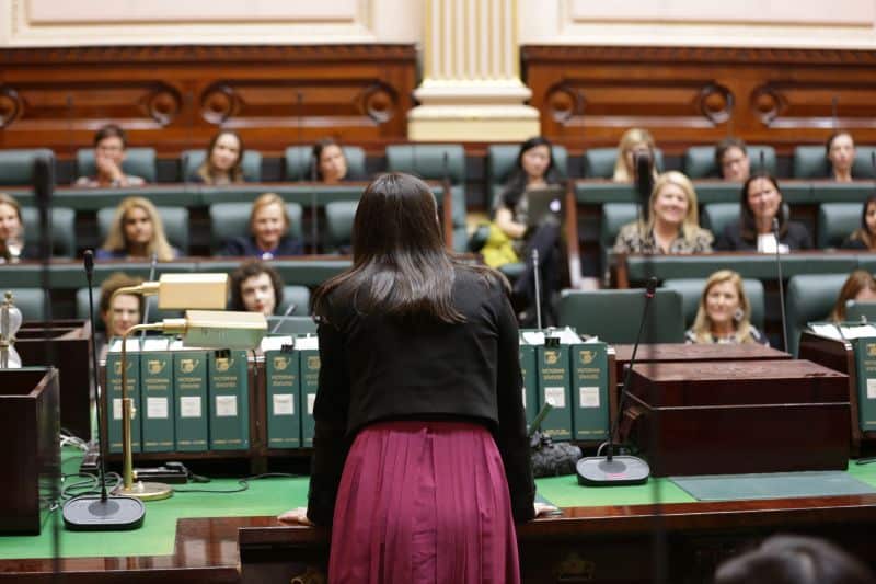 Participants in the Pathways to Politics for Women deliver a speech in Victorian Parliament at the end of the course.
