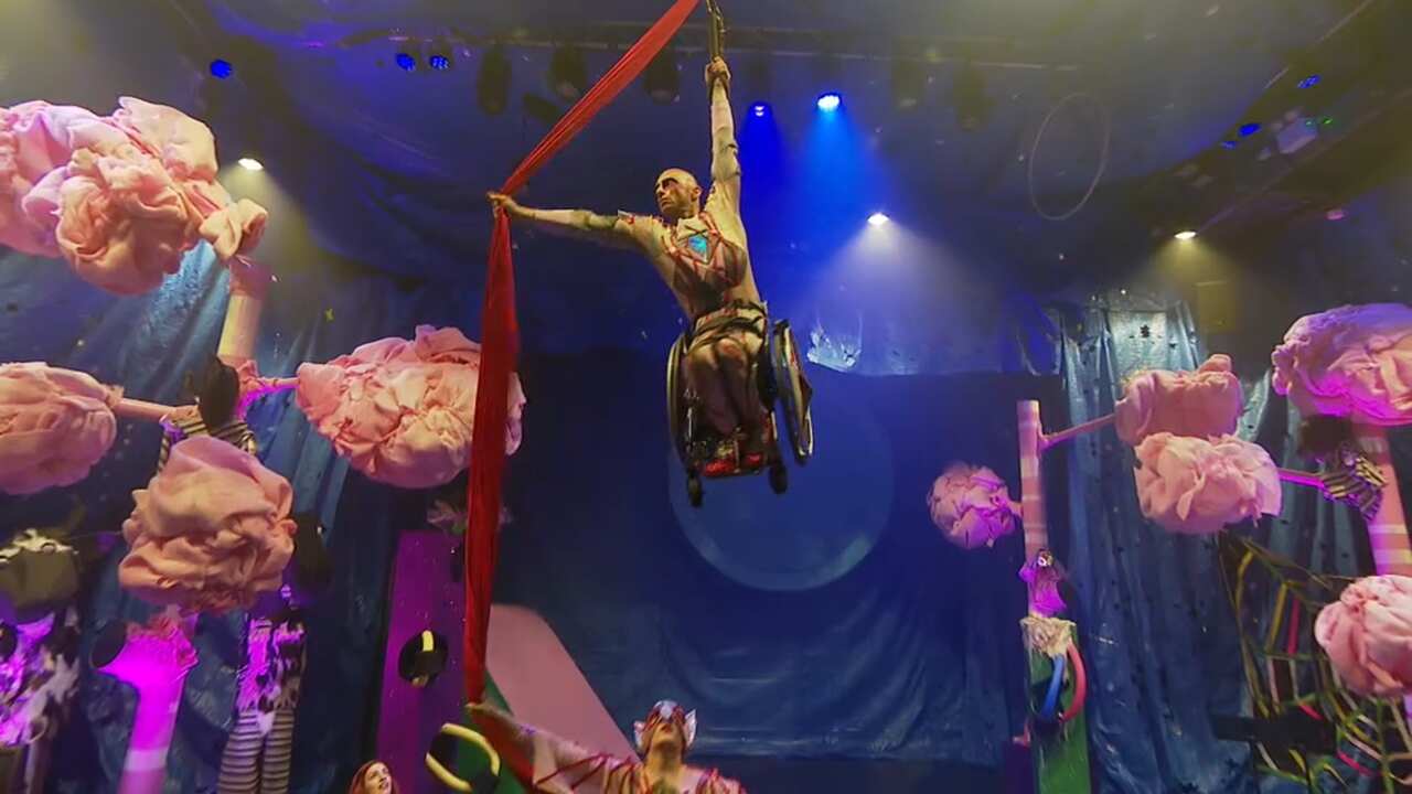 Wheelchair aerial performer Paul Nunnari in rehearsal.