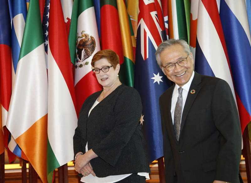 Foreign Affairs Minister Marise Payne  is greeted by Thai Minister of Foreign Affairs Don Pramudwinai after she arrives in Bangkok. 
