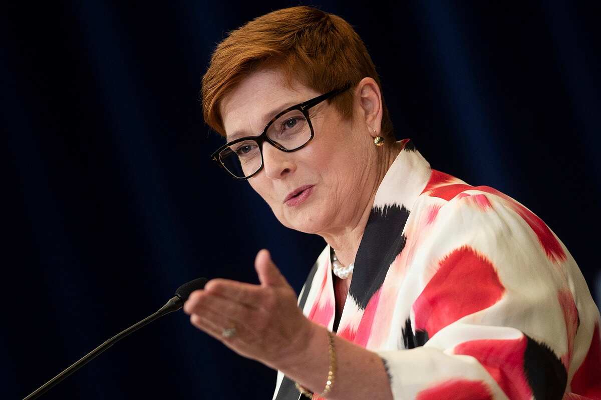 Australia's Foreign Minister Marise Payne speaks a news conference at the State Department Tuesday, July 28, 2020, in Washington. 