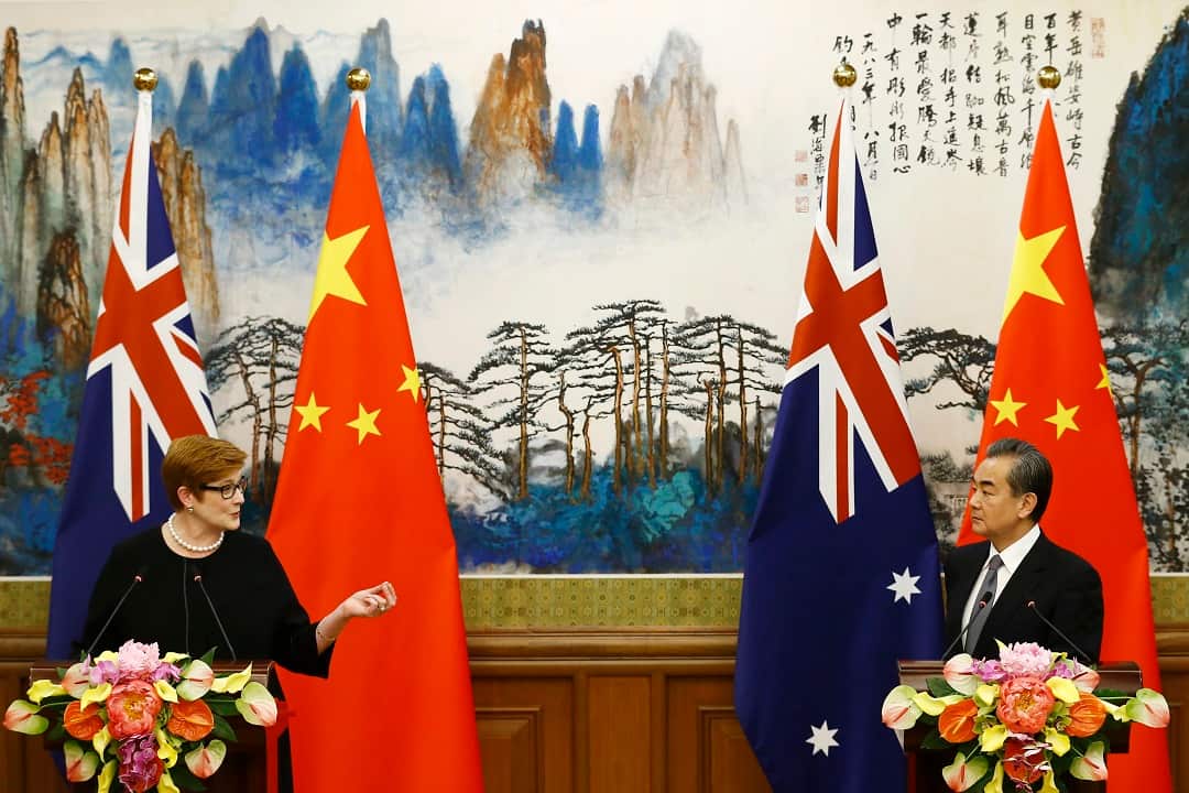 Australian Foreign Minister Marise Payne at a news conference with Chinese Foreign Minister Wang Yi.