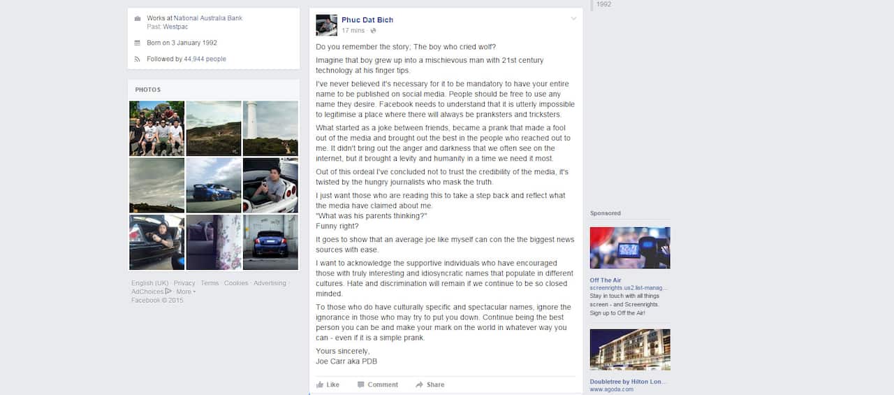 Joe Carr, aka Phuc Dat Bich's, Facebook post.