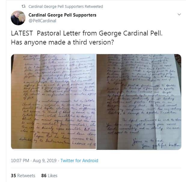 A screen grab of the post from a Twitter account, purporting to show a letter from the disgraced cardinal.