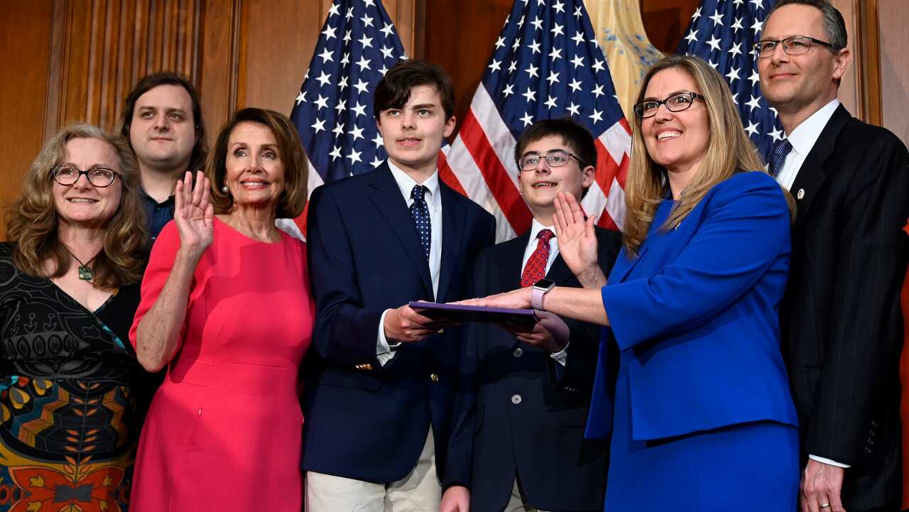 House Speaker Nancy Pelosi, third from left, during a ceremonial swearing-in.
