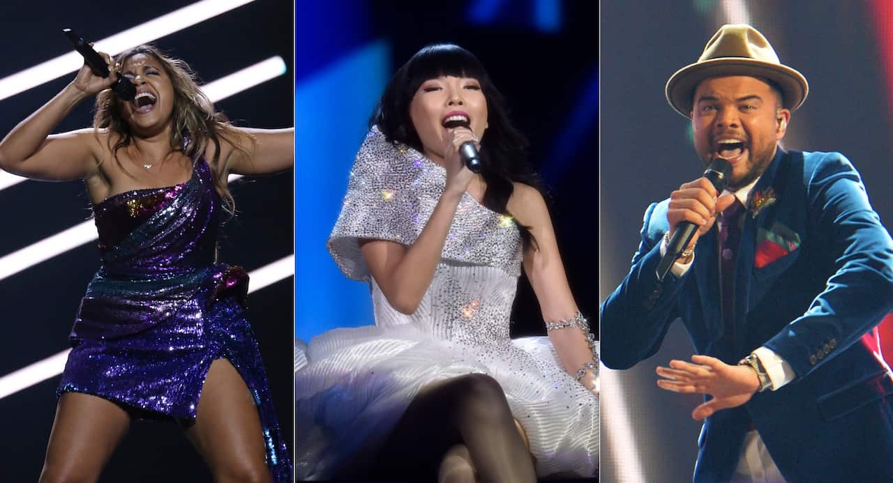 Three Australian Eurovision performers: Jessica Mauboy, Dami Im and Guy Sebastian 